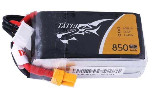 Tattu 11.1V 75C 3S 850mAh Lipo Battery Pack with XT60 Plug