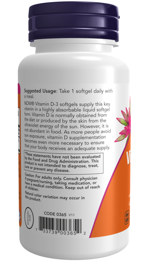 Vitamin D3 1000 IU 360 Soft Gels NOW Brand Vitamins and Supplements