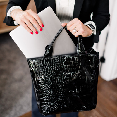 Black croco-like leather handbag