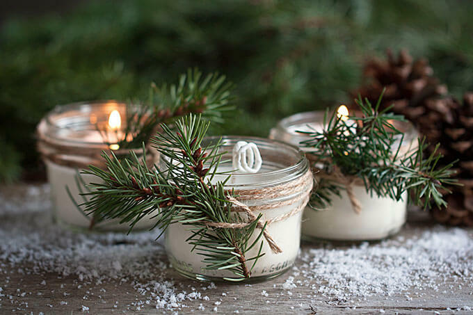 Snowy Evergreen Holiday Candles