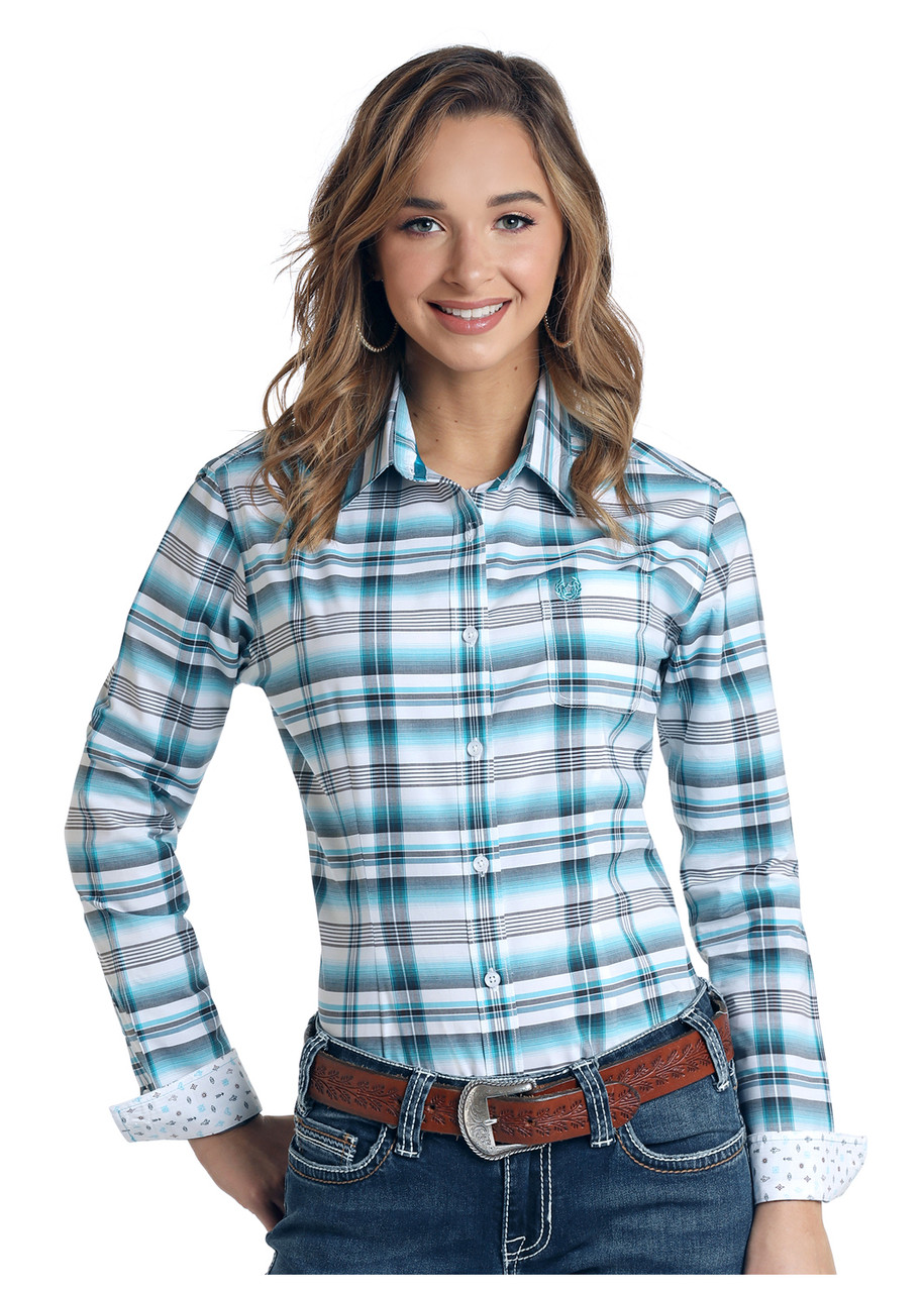 Blue and white checkered shirt womens Clearance