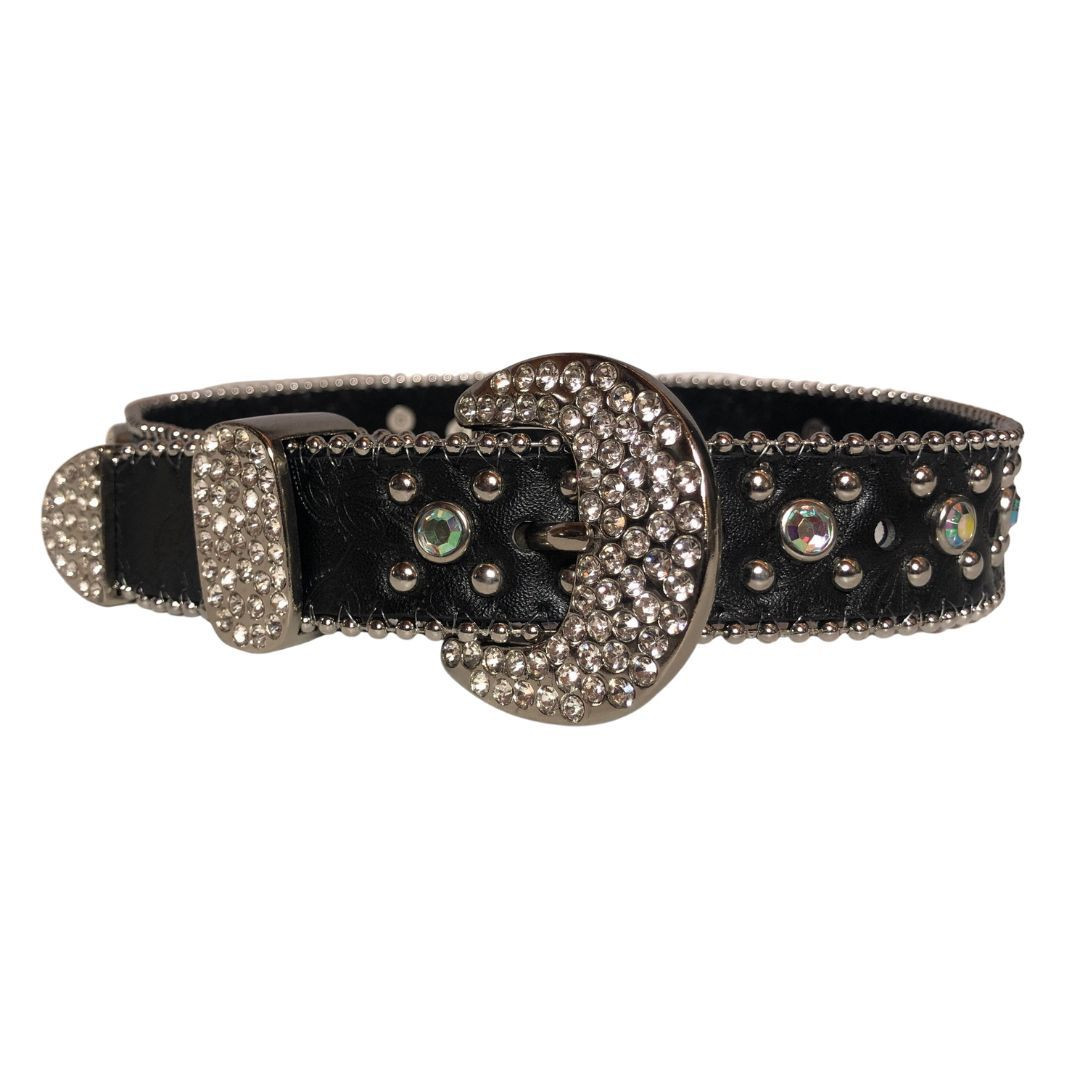 Vintage Etched Leather Rhinestone Horseshoe Black Belt w  display picture 3