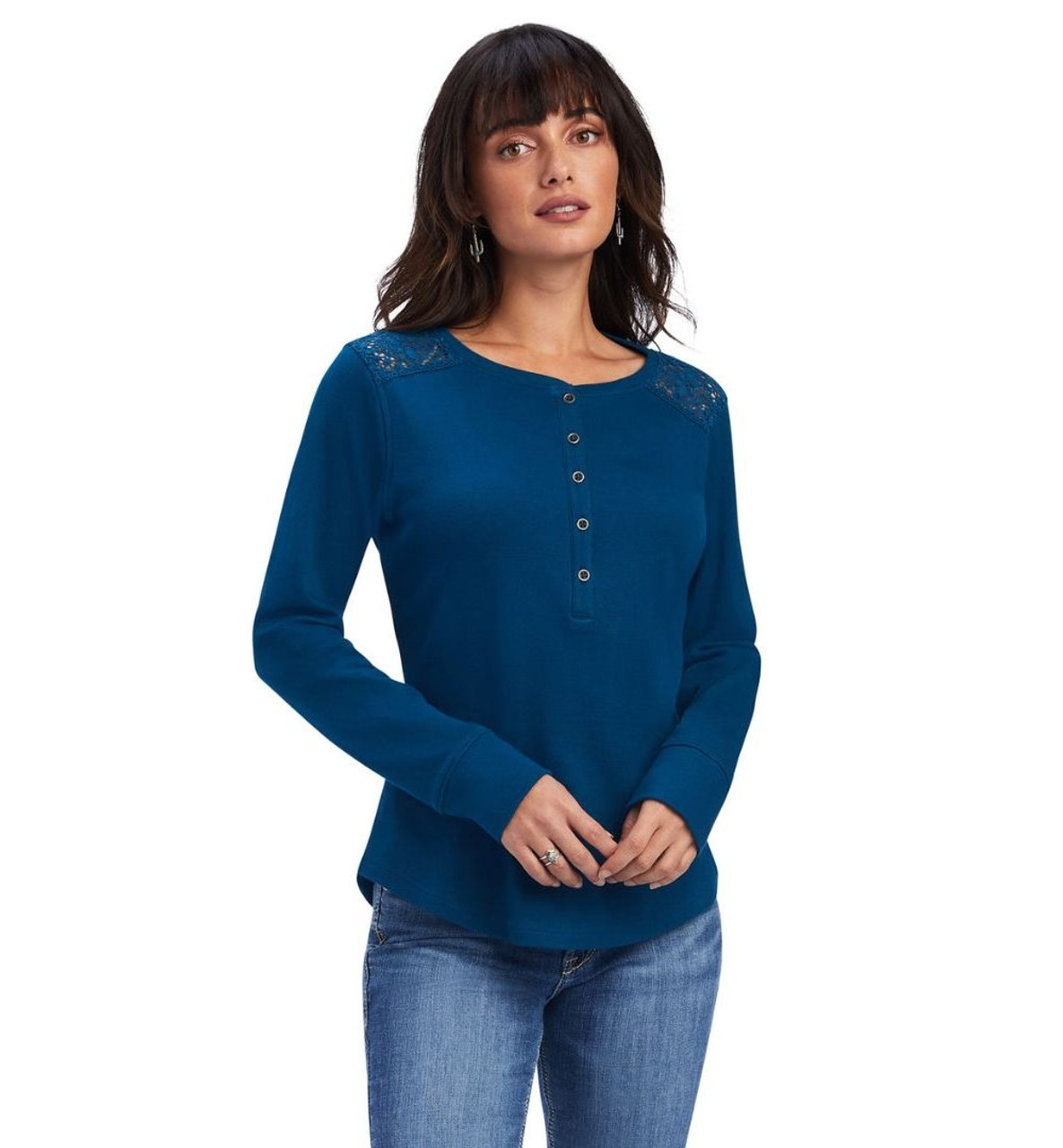 Ariat Lace Shoulder Henley Long Sleeve- Ladies Western Shirts