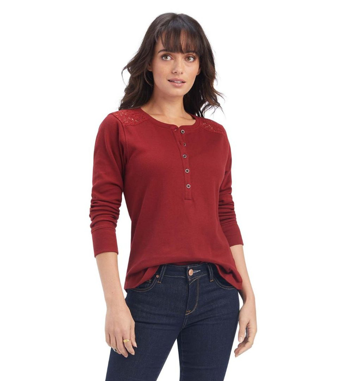 Ariat Lace Shoulder Henley Long Sleeve- Ladies Western Shirts