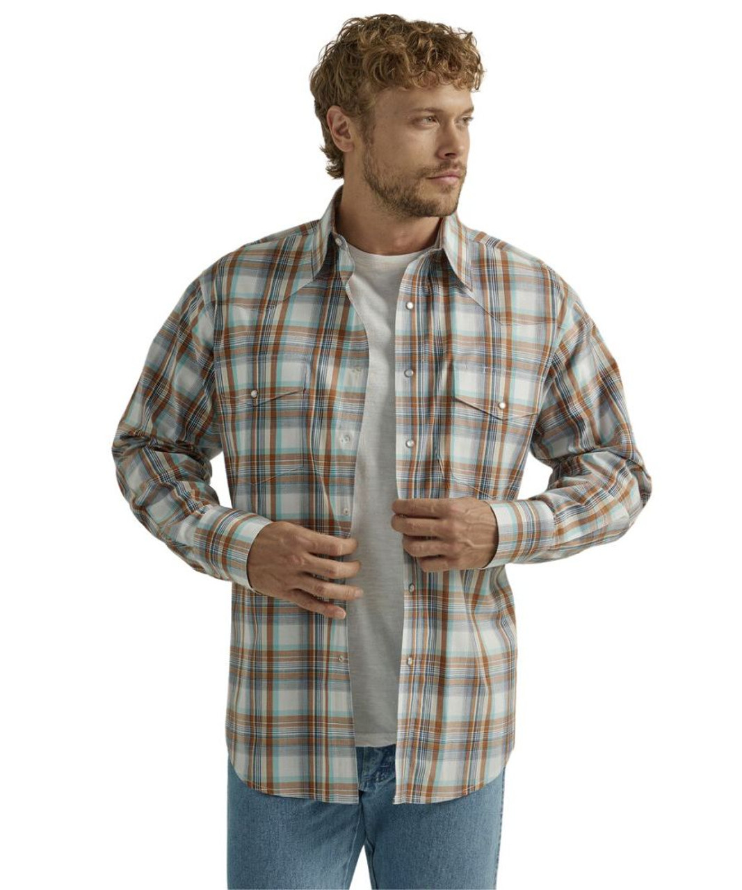 Men's Wrangler Red/Tan Pearl Snap Long Sleeve Shirt