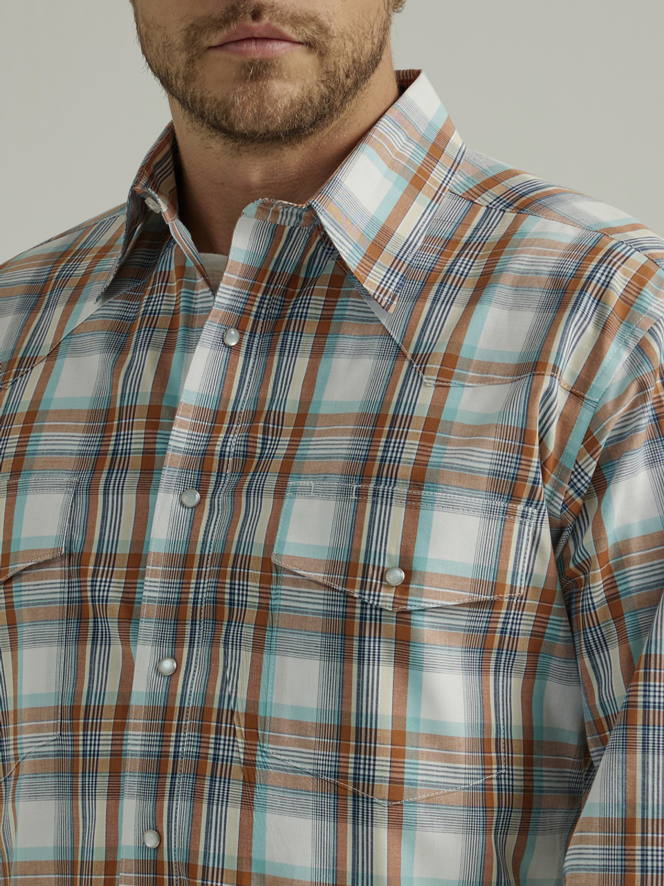 Men\'s Wrangler Clothes Brown Western Plaid Resist Shirt- Wrinkle