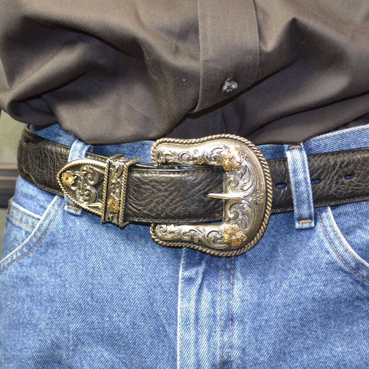 Leather Belt with Antique Silver Western Floral Buckle Set (1.5