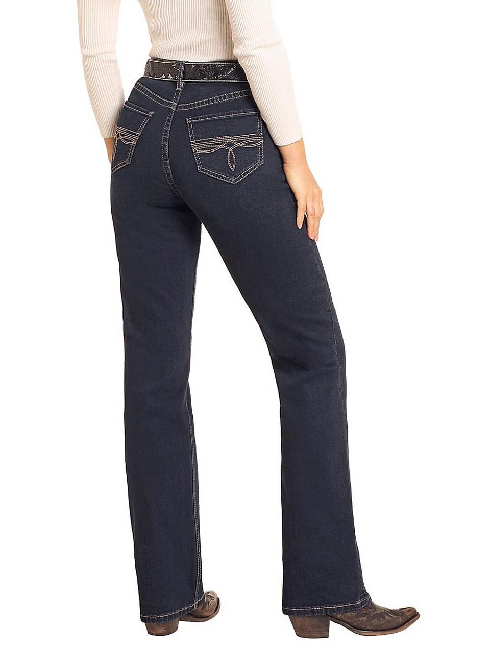 【Anyone more】Harden Raw Back Pocket Stitch Bootcut Denim Rock & Roll Denim Stretch Boot Stitch Jeans- Ladies Jeans