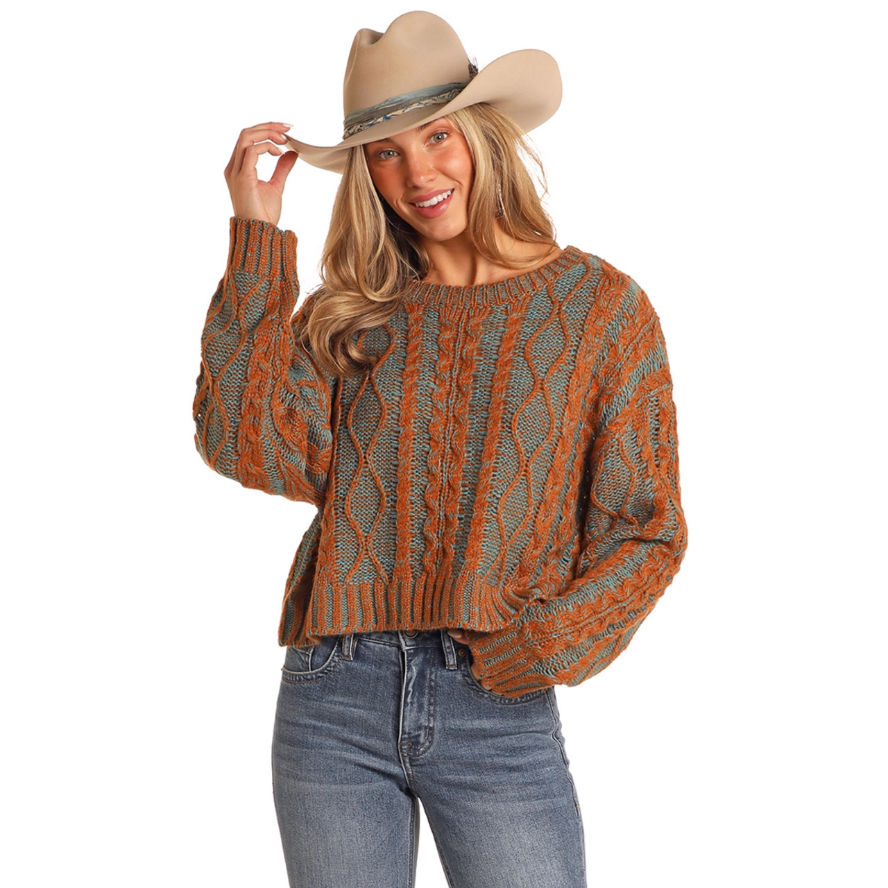 Rock & Roll Denim Cable Knit Boxy Sweater- Western Tops