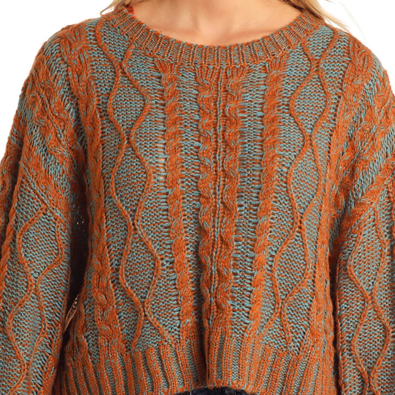 Rock & Roll Denim Cable Knit Boxy Sweater- Western Tops