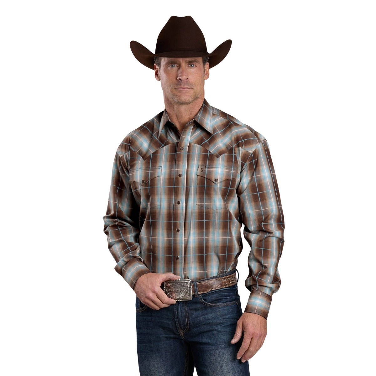 Men's Stetson Brown Jacquard Plaid Snap Shirt