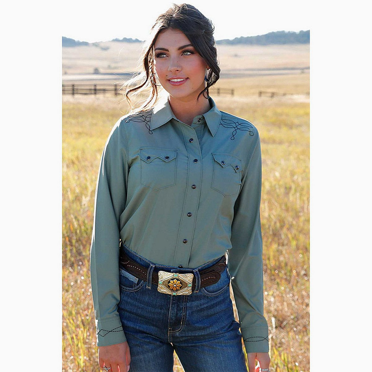 Cruel Denim Boot Stitch Green Snap Shirt
