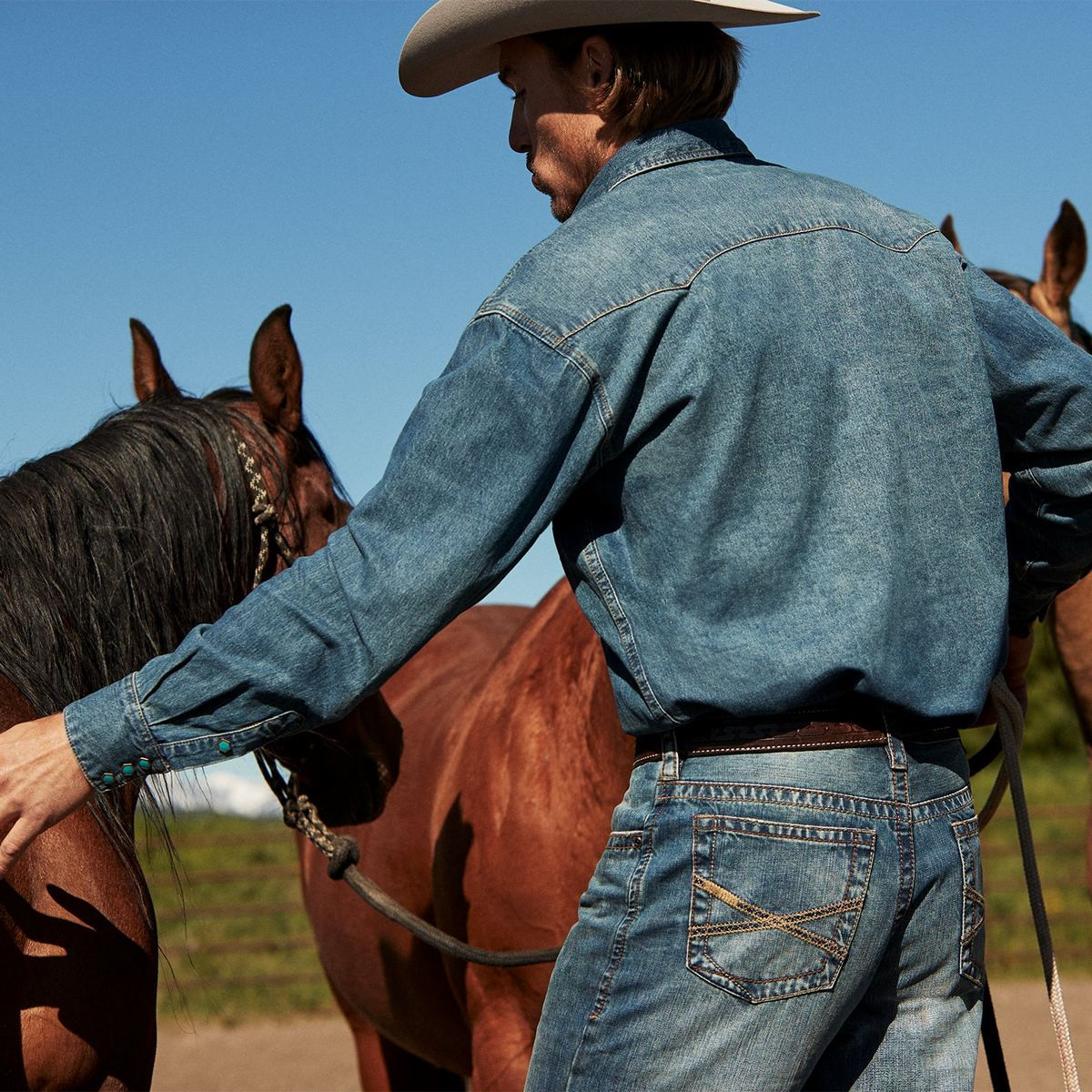Men's Stetson Turquoise Snap Western Denim Shirt