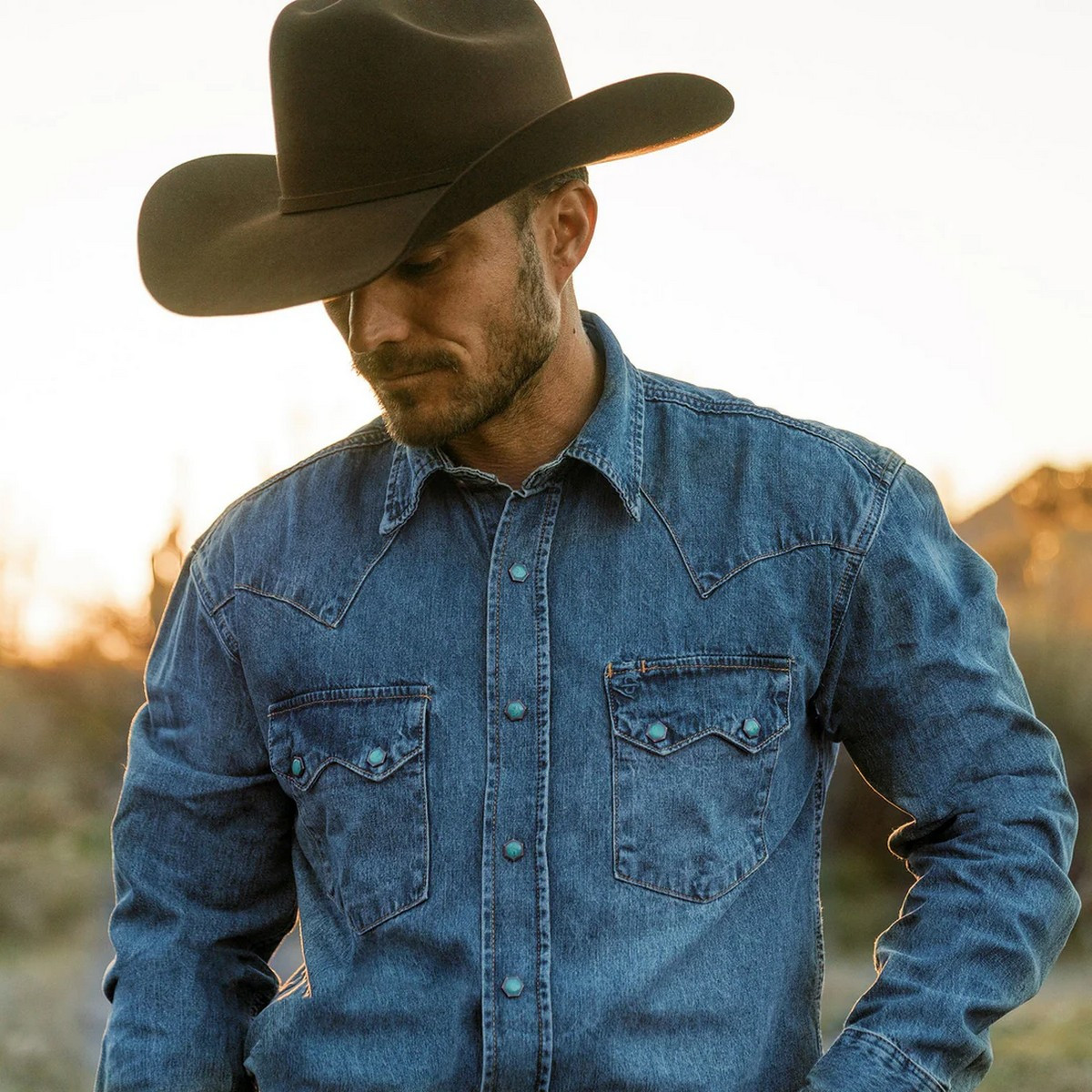 Men's Stetson Turquoise Snap Western Denim Shirt