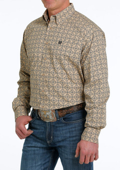 Men's Cinch Khaki Geo Print Shirt Long Sleeve side