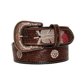 Myra Pink Feather Hand Tooled Leather Belt FRONT