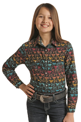 Girls Panhandle Colorful Horses Snap Shirt