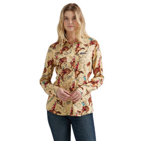 Wrangler Bronc Print Tan Snap Shirt FRONT