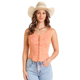 Rock & Roll Denim Embroidered Lace Up Tank FRONT