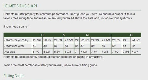 Troxel Spirit Performance Helmet Size Chart