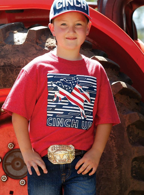 Boys Cinch Up Flag Horse Tee Short Sleeve- Kids Western Clothes