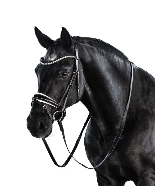 LT Patent Essential Snaffle Bridle PATENT/WHITE front