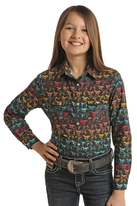 Girls Panhandle Colorful Horses Snap Shirt