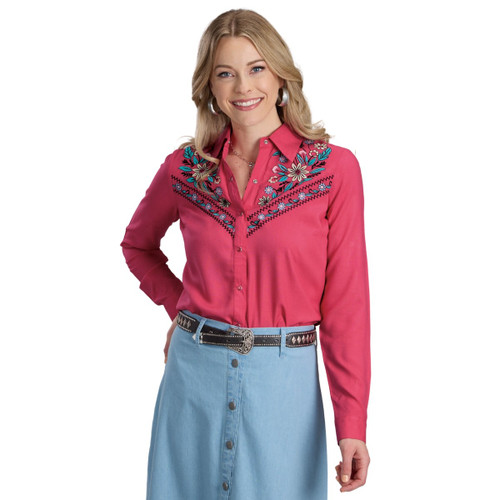 Roper Embroidered Pink Snap Blouse FRONT