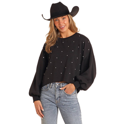 Rock & Roll Denim Rhinestone Pullover FRONT