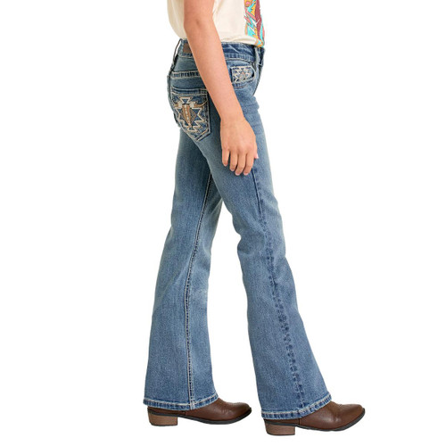 Girls Rock & Roll Denim Steer Embroidered Jeans SIDE