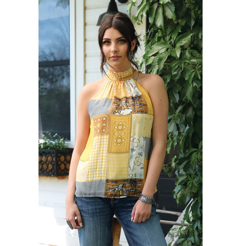 Cruel Denim Quilt Print Chiffon Halter Blouse FRONT