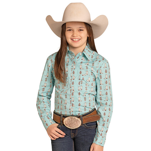 Girls' Panhandle Turquoise Boot Print Snap Shirt