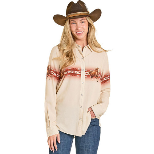 Rock & Roll Denim Oversized Border Print Snap Shirt FRONT