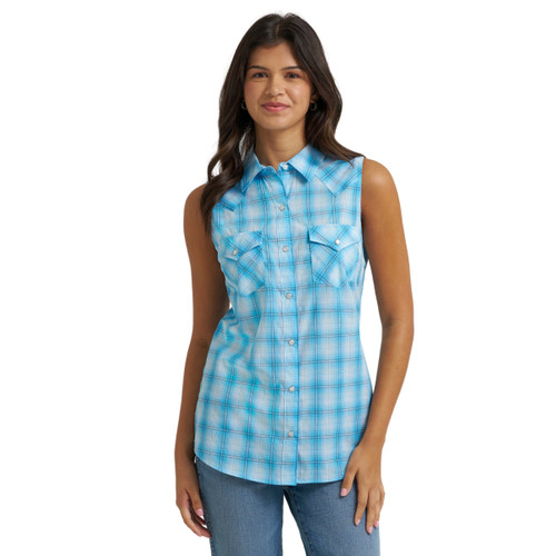 Wrangler Plaid Sleeveless Snap Shirt POOL BLUE FRONT