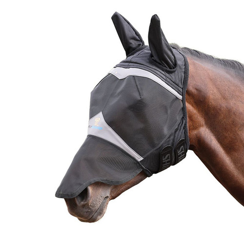 Shires FlyGuard Pro Fine Mesh Fly Mask + Ears/Nose JET BLACK ON HORSE