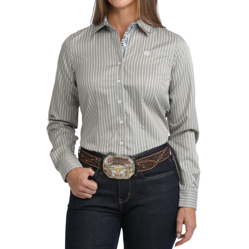 Cinch Tencel Blue/Brown Stripe LS Shirt FRONT