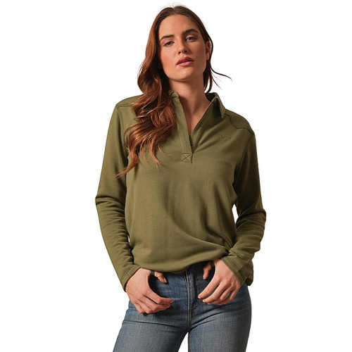 Kimes Ranch Riva Fleece LS Polo MOSS FRONT