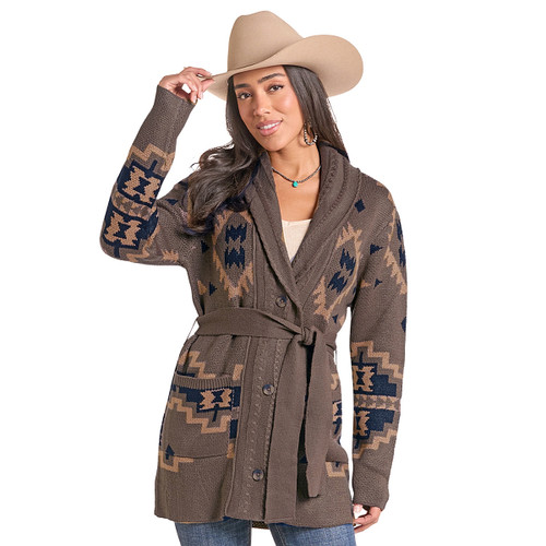 Panhandle Aztec Belted Cardigan BROWN FRONT