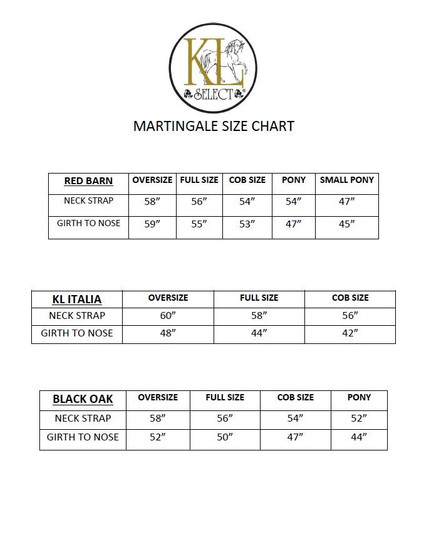 KL Select Black Oak tack size chart