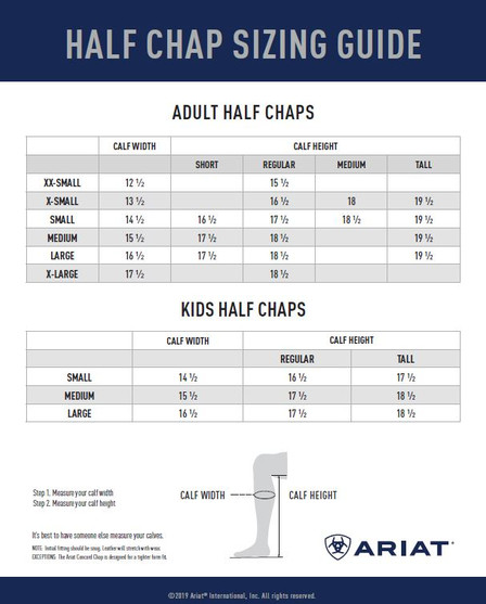 Ariat Close Contour Half Chap Size guide