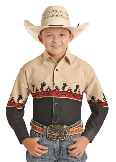 Panhandle Boys Border Print Snap Shirt Black/Red