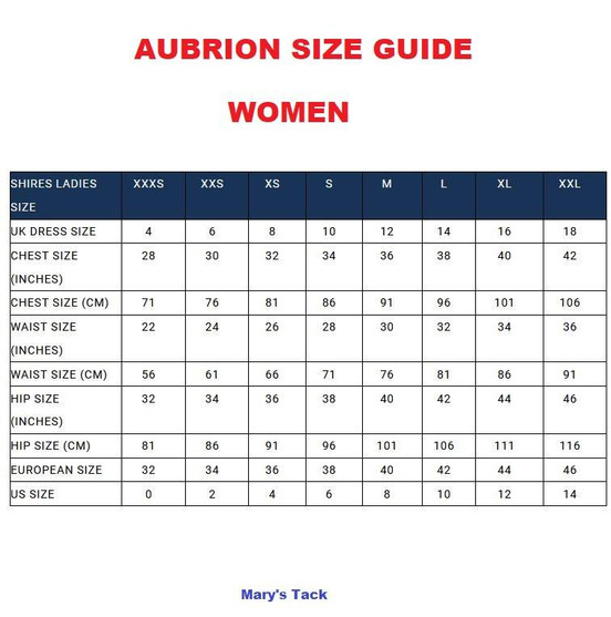 Aubrion Equestrian Show Shirt size guide