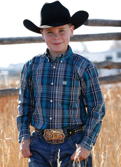 Boys Cinch Blue Teal Plaid Button-Down Shirt