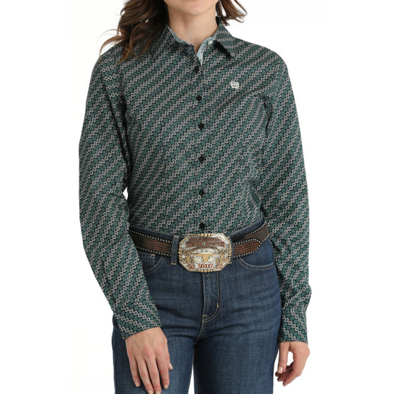 Cinch Medallion Print Teal Blue LS Shirt FRONT