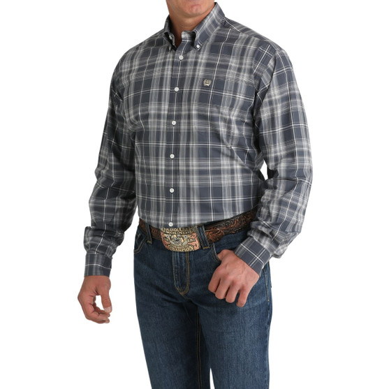 Men's Cinch Blue Grey Plaid LS Shirt SIDE