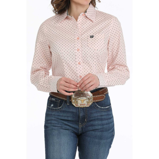 Cinch Pink Gingham Dot LS Shirt FRONT