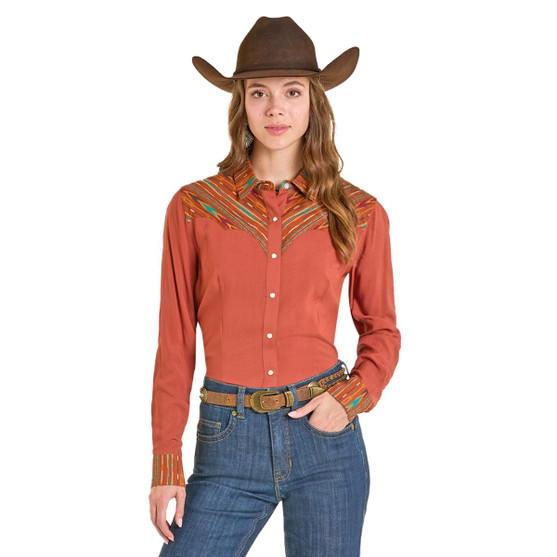 Panhandle Aztec Yoke Rayon Snap Shirt RUST FRONT