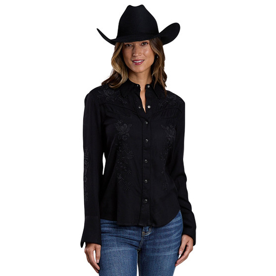 Stetson Floral Embroidery Rayon Snap Shirt BLACK FRONT