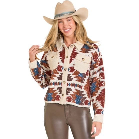 Rock & Roll Denim Aztec Sherpa Trim Cardigan