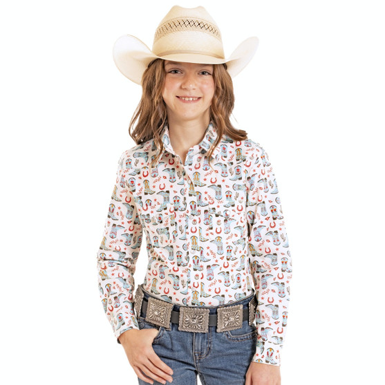 Girls' Panhandle Lt Turquoise Boot Print Snap Shirt